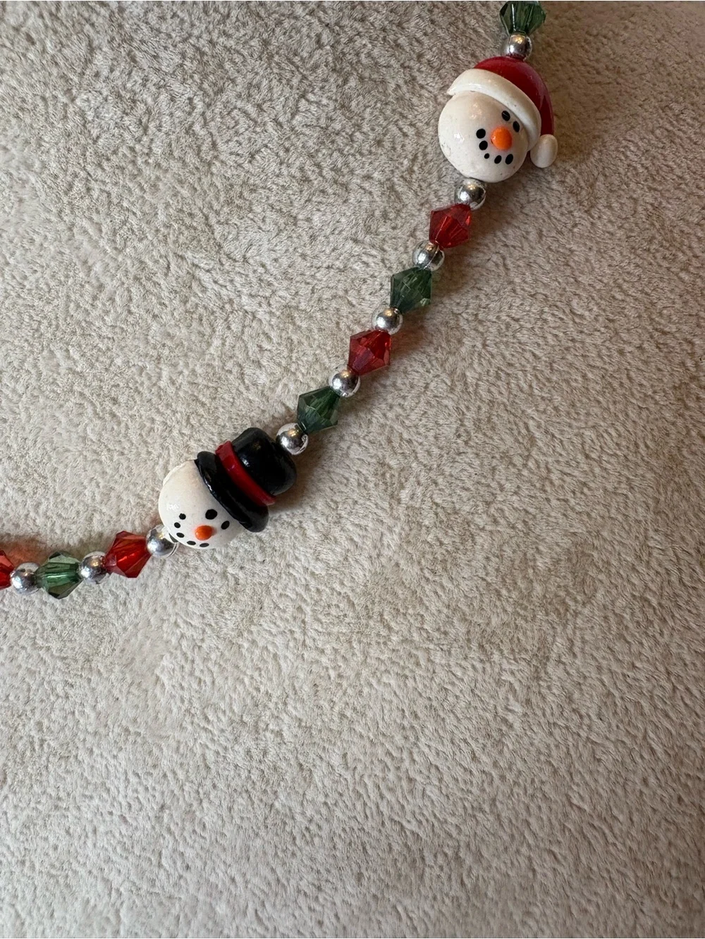 Christmas Snowman Necklace Red Green Holiday Beaded Necklace Winter Jewelry